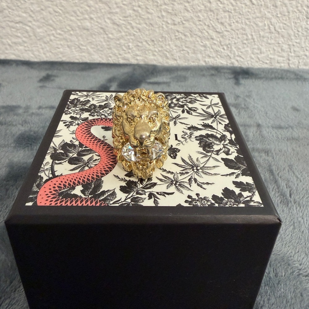 Gucci Gold Lion Head Ring with Crystal Accents